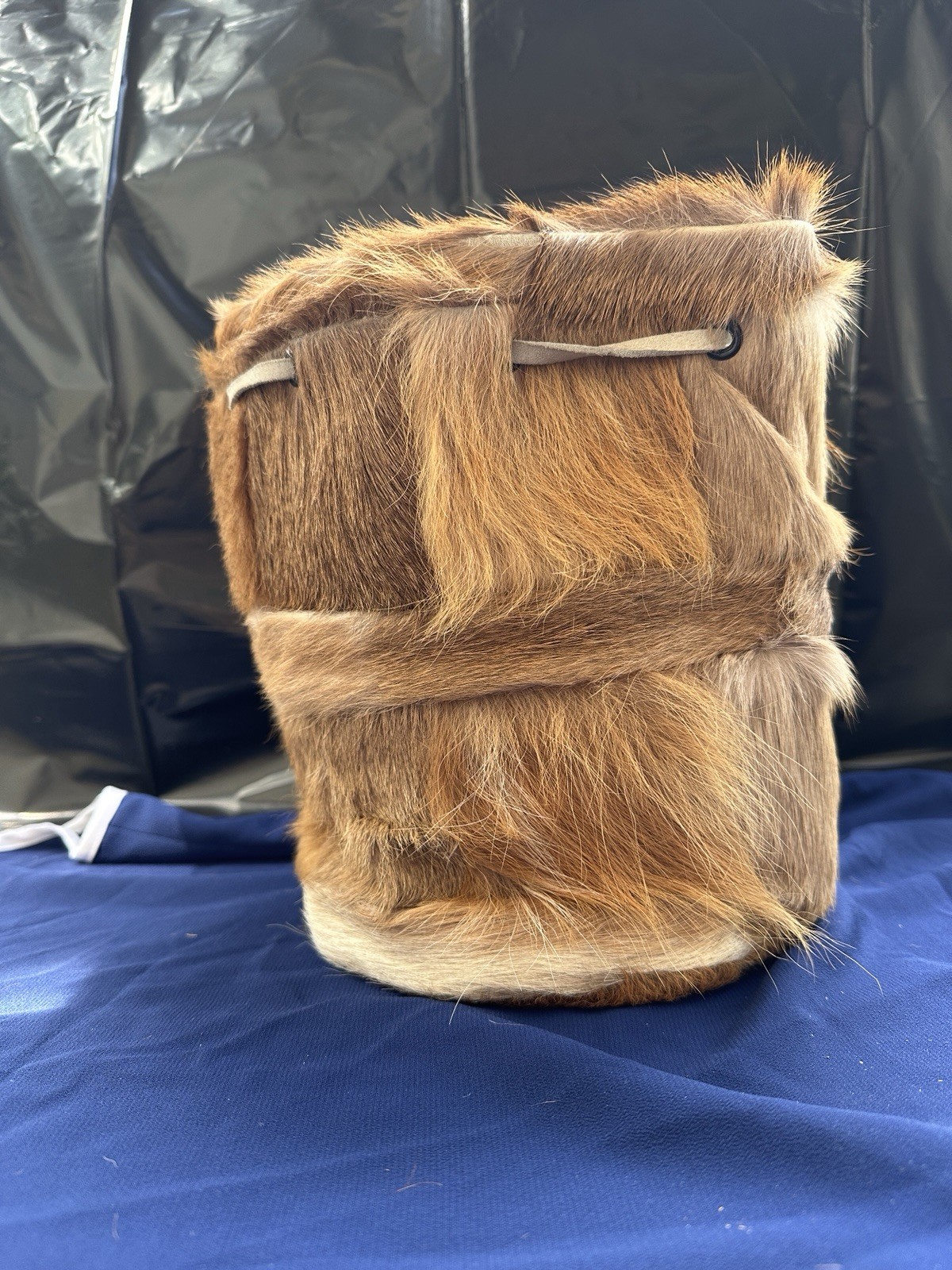 Vintage 1970s Monkey Patchwork Fur Drawstring Sat… - image 1