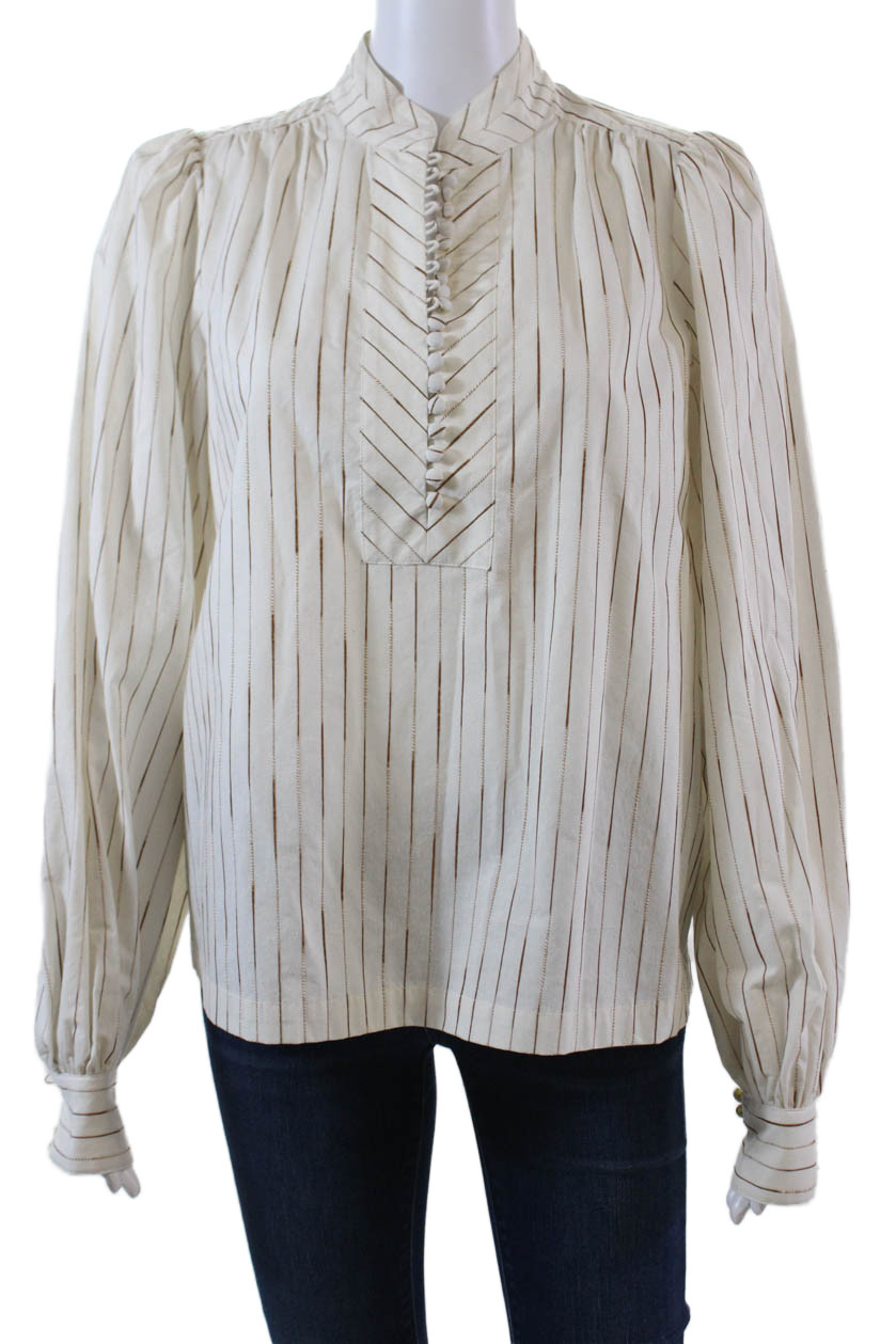 Top Sisi Trina Turk para mujer con botones delanteros cuello redondo a rayas blanco talla pequeña