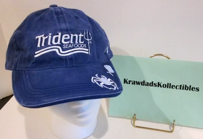 VTG TRIDENT SEAFOODS ADVERTISING HAT CAP, ~1980'S, BLUE EMBROIDERED FISH CRAB - Image 1 of 4