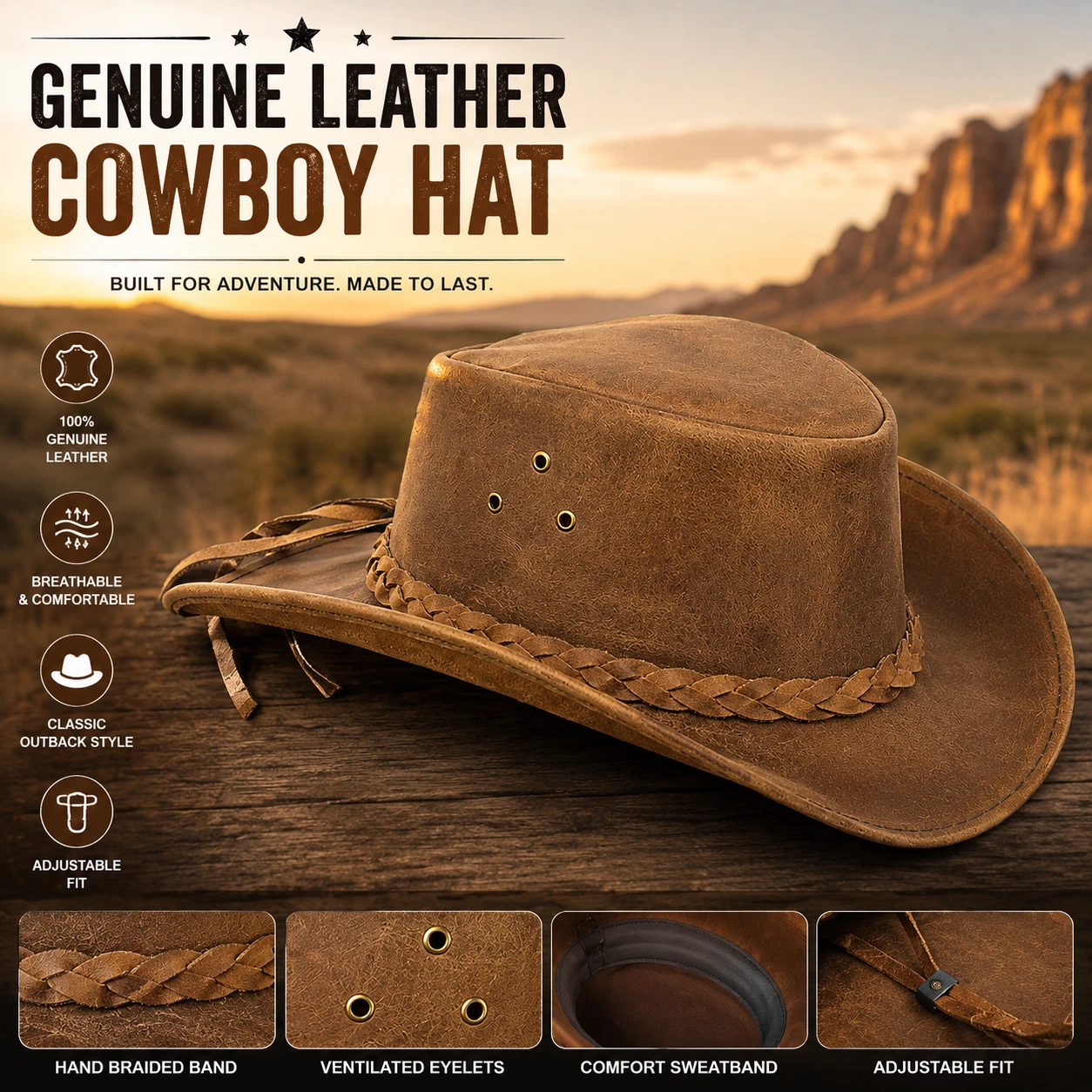Real Leather Cowboy Hat for Men & Women Wide Brim Western Cowboy Hat For Unisex