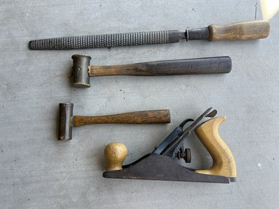 Vintage Wood Handle Tools - Simonds Rasp - wood plane U.S.A. Brasd Head Hammers