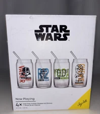 Star Wars 4-Piece Tumbler Glass Set with Straws & Brush Cleaner – 16 oz – New 