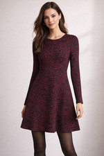 Ann Taylor LOFT 0 Red Black Floral Ponte Knit Modest Long Sleeve A-Line Dress
