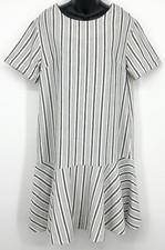 TopTen Womens Shift Dress Small Cream Blue Woven Striped Drop Waist Flare Casual