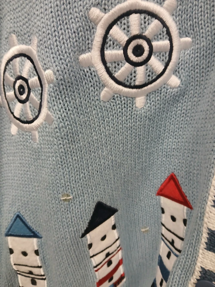 Quacker Factory Blue Nautical Ships V-neck Short Sleeve Cardigan Button Up Small - Image 3 of 4