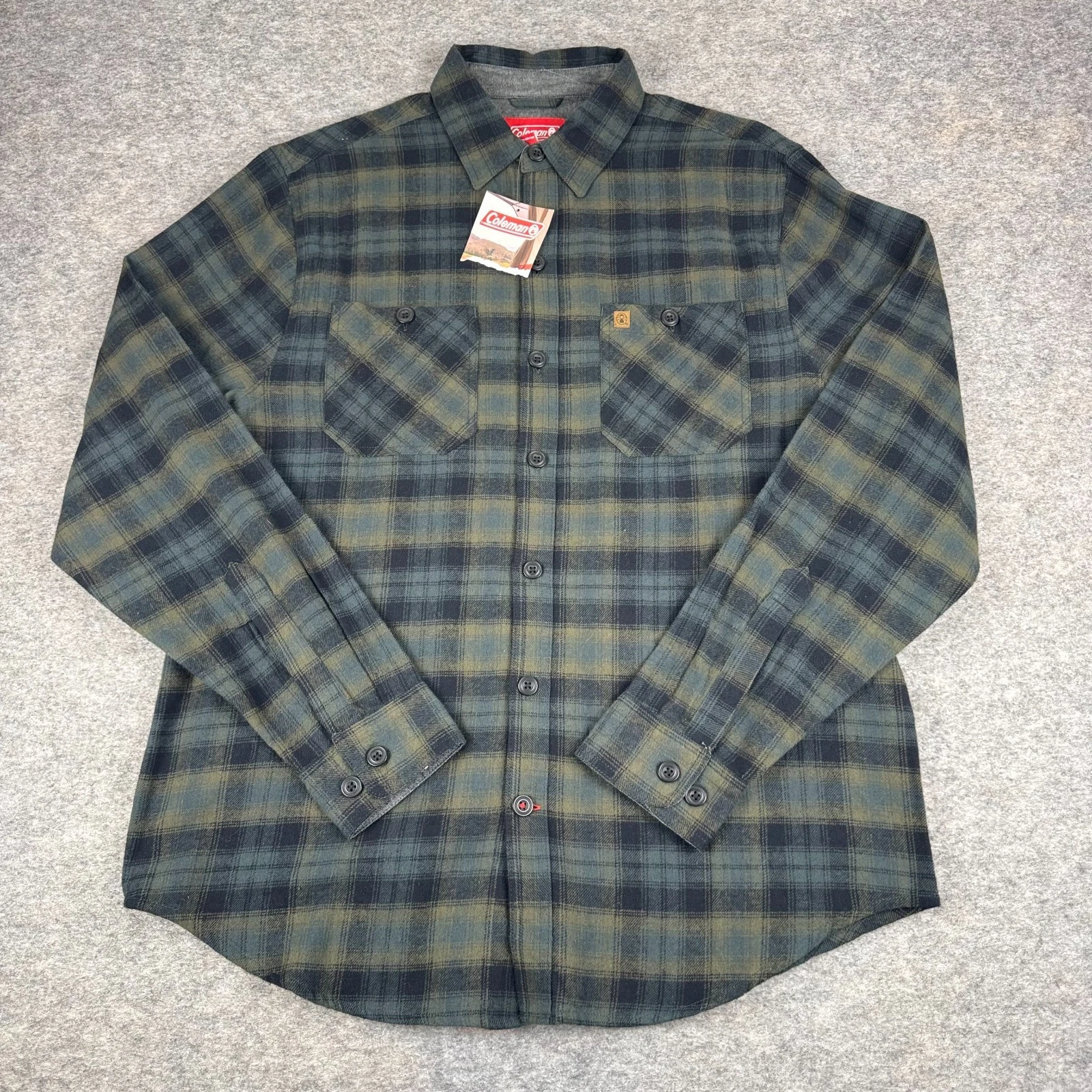 Coleman Button Up Shirt Flannel Long Sleeve Pockets Olive Green Mens Large L