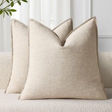 Decorative Linen Throw Pillow Covers 18x18 Inch Set of 2 Natural Beige Pillow...