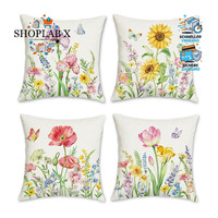 KissenbezüGe 4Er Set Blumen 45X45 Cm Polyester Dekorativ FüR Garten Outdoor