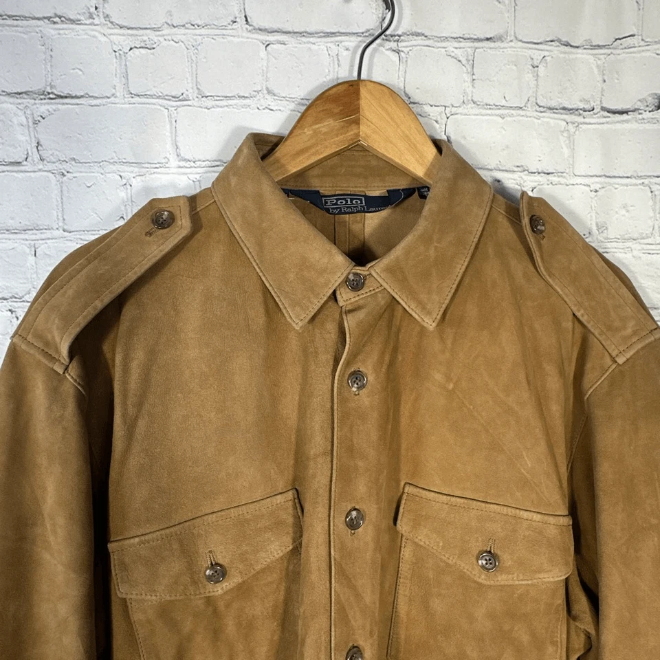 Camisa polo masculina vintage Ralph Lauren couro camurça grande marrom botão ocidental - Imagem 2 de 4