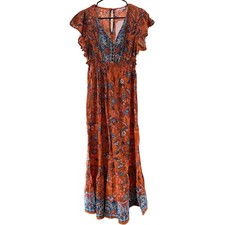 Universal Thread Orange Floral Maxi Dress Ruffle Flutter Sleeves Viscose M