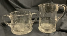 Etched Clear  Glass Open Sugar & Creamer Vintage Grapes & Leaf Pattern