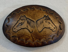 NWT Siskiyou Tooled Leather Belt Buckle Two Horses