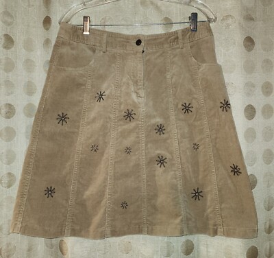 Womens Light Brown Corduroy Skirt With Embroidered Flowers, Sz