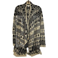 Lucky Brand Sweater Size L Cardigan Drape Boho Open Front Light Beige Black