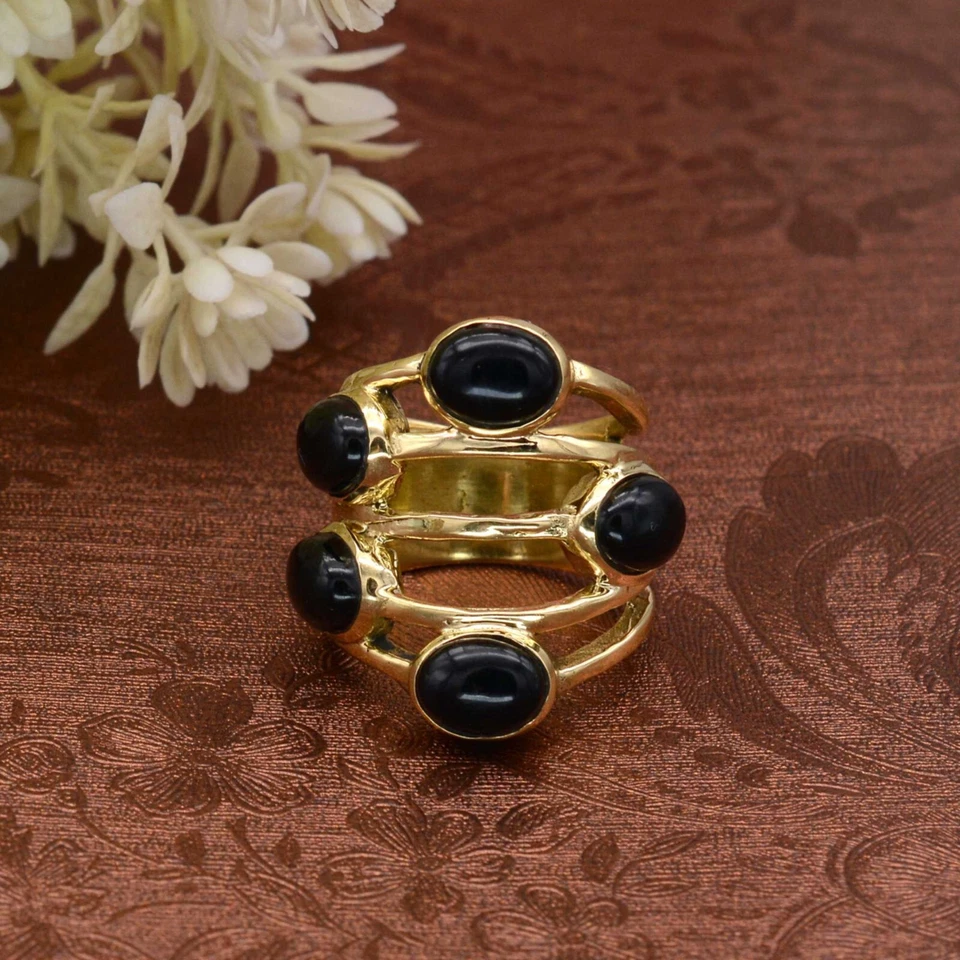 Anel de ouro bronze pedra ônix preto feito à mão anel feminino feminino várias pedras - Imagem 4 de 4