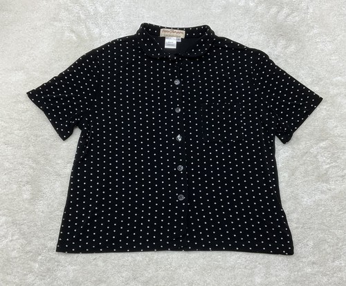 Norm Thompson Womens Size L Short Sleeve Button Up Black White PolkaDots Top - 第 1/8 張圖片