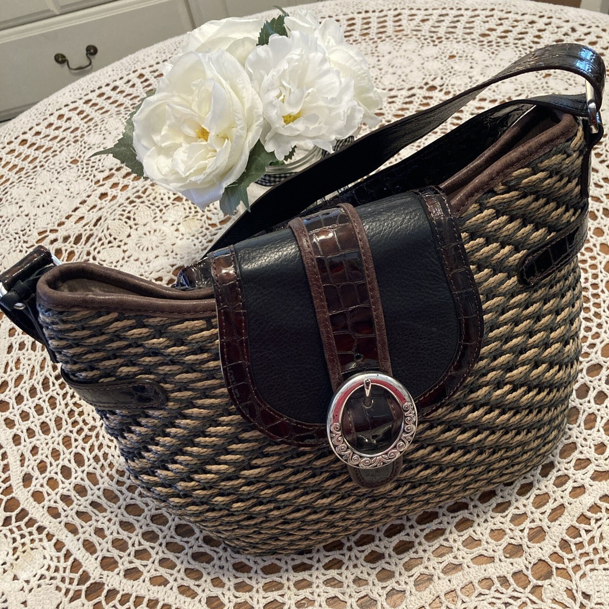 Brighton Straw Tote Purse with Leather Adjustable Strap Handbag