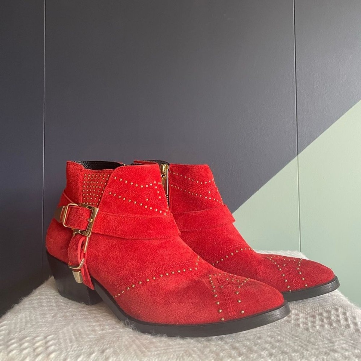 Anine Bing Bianca red suede studded western style ankle boots size