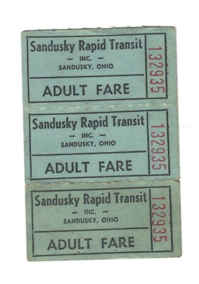 Vintage Sandusky Rapid Transit Ohio Erwachsene Tarif Tickets Streifen von 3