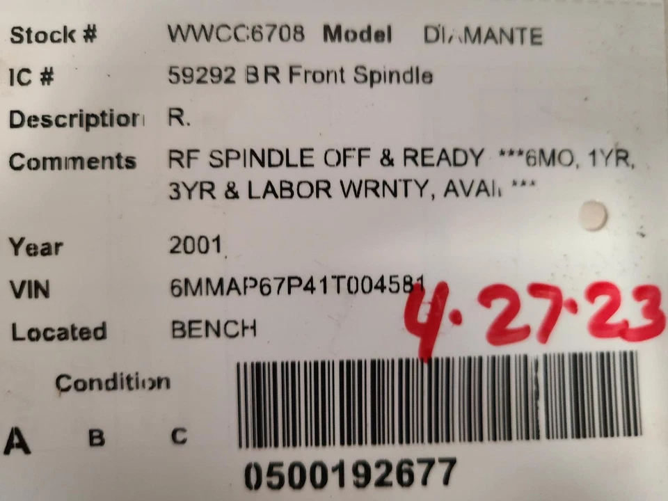 Used Front Right Steering Knuckle fits: 2001 Mitsubishi Diamante w/ABS Front Rig - Image 3 of 4