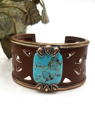 Vintage Barse Cutout Leather Turquoise Wide Copper Cuff Bracelet