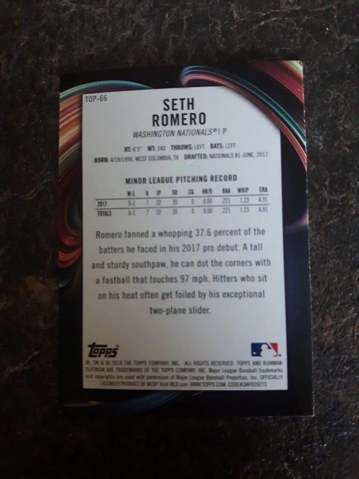 2018 Bowman Platinum Rookie Seth Romero RC Card# TOP-66 - Image 2 of 2