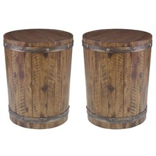 Home Square 19" Round Wine Barrel Accent End Table in Walnut - Set of 2