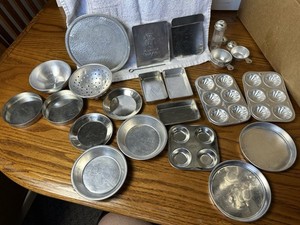 Vintage Aluminum Play Dish Dishes Pots Pans Cookie Sheets, etc Huge Lot of 27ea