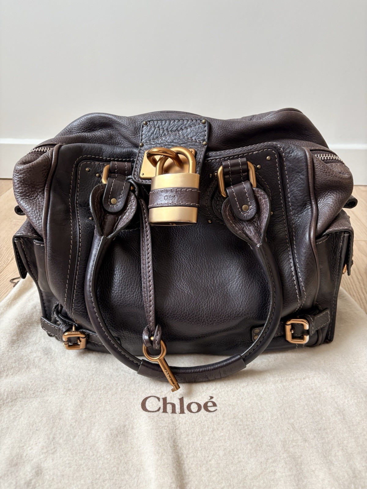 Chloé Paddington Brown Pebbled Leather Satchel Padlock Lock Key Dust Bag