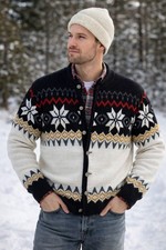 VTG Puritan Ski Lift Cardigan Sweater Men's 46 42 Nordic Snowflake Button-Up