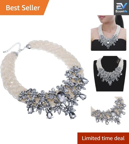 Elegant Simulated Pearl Body Statement Necklace with Floral Rhinestone Pendant - product listing photo