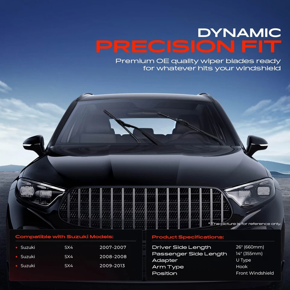 2 piezas escobillas limpiaparabrisas delanteras de 26" y 14" para brazo de gancho Suzuki SX4 2007-2013 Foto 2 de 4