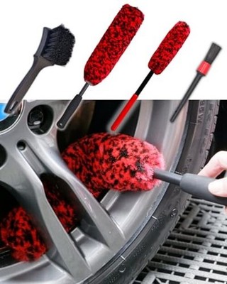 Professional 4 Pack Long Handle Wheel Brush Kit for 4 Pack (Red & Black)