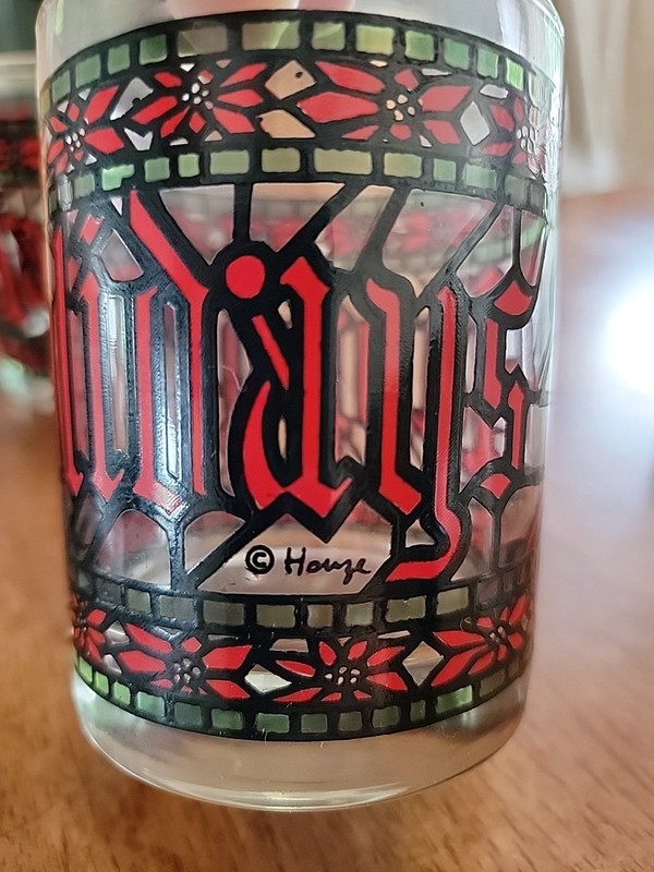 VINTAGE  Set of 4 Happy Holidays Cera Houze Stained Glass Tumblers MCM Barware