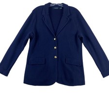 Lauren Ralph Lauren Knit Blazer Sweater Cardigan XL Navy Blue 100 Cotton Preppy