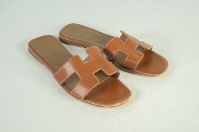 Hermes Oran Brown Leather Mules Flats Slide Sandal Shoes Size 41