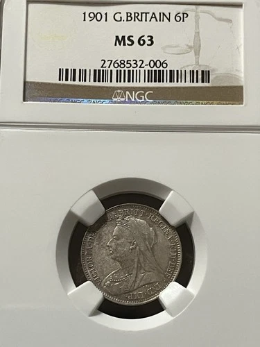 1901 6 Pence Great Britain MS63 NGC AWESOME TONING ON REVERSE