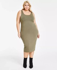 Bar III Trendy Plus Size Sleeveless Bodycon MIDI Dress, Dusty Olive, sz 1X