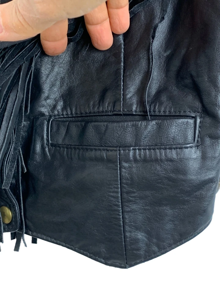 Womens 80s VTG Black Leather USA Vest Fringe Snaps Sz 8 Dallas Leathers RY10629 - Image 3 of 4