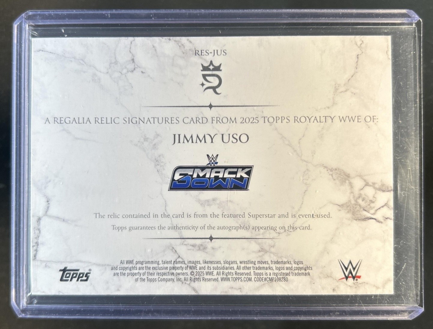2025 Topps Royalty WWE Jimmy Uso Regalia Relic Signatures Purple Auto #/50 view 2