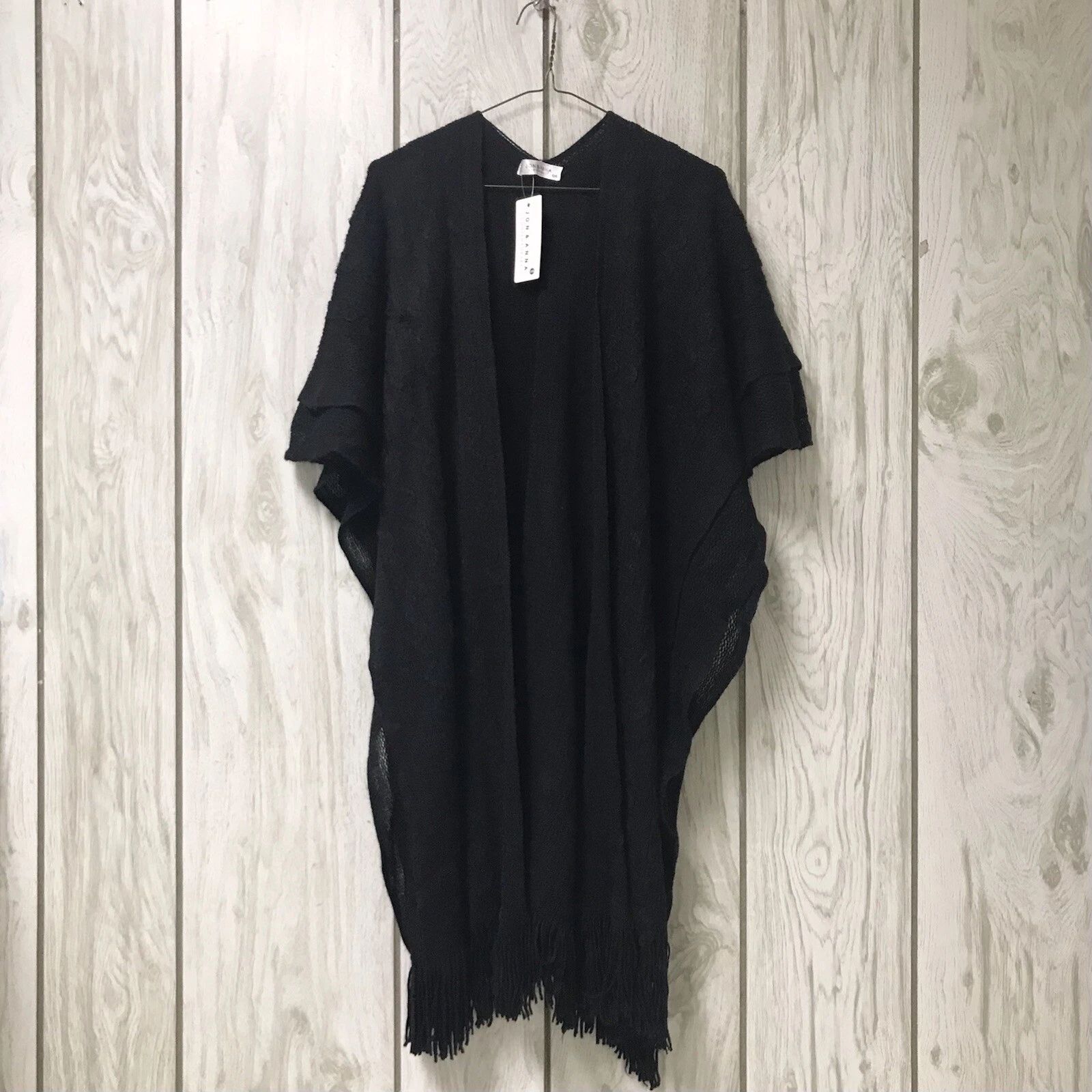 Jon & Anna Women Black Chevron Knit Fringed Open Poncho Cardigan Sweater OS
