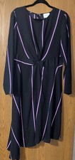 NINE WEST Dress Large Black With Purple Stripe Asymmetric Hem Long Sleeve Twist