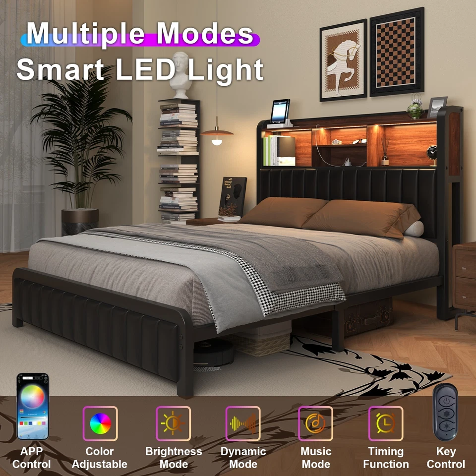 Full Queen Bed Frame with 3-Tier Storage Headboard and PU Leather - Image 4 of 4