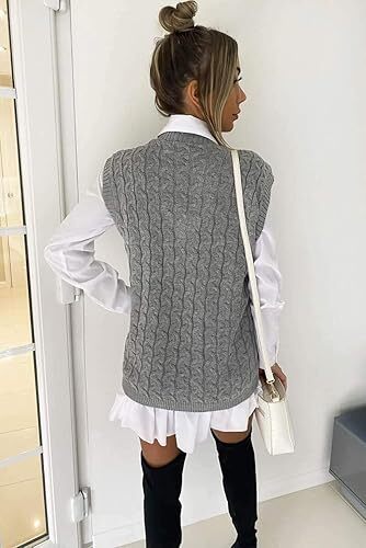 Grobstrickweste Pullover Damen ärmellos V-Ausschnitt Zopfmuster - Bild 8 von 8