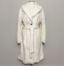 Scoop Womens Coat L Ivory Faux Fur Sherpa Teddy Belted Long Classic Overcoat