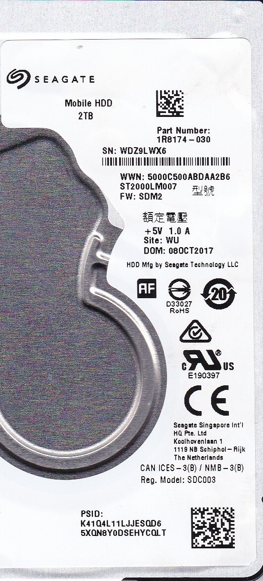ST2000LM007 p/n: 1R8174-030 s/n: WDZ f/w: SDM2 WU OCT 2017 2TB