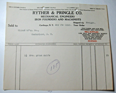 May 24, 1912 Ryther & Pringle Co. Invoice Sent to Company in Castorland, N.Y.