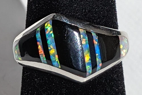 Elgin Hoskie Navajo Sterling Silver Opal And Onyx Ring 5.6g Sz 6.5 Vintage
