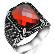 Solid 925 Sterling Silver Faceted Red Zircon Stone Men's Ring with Claws
