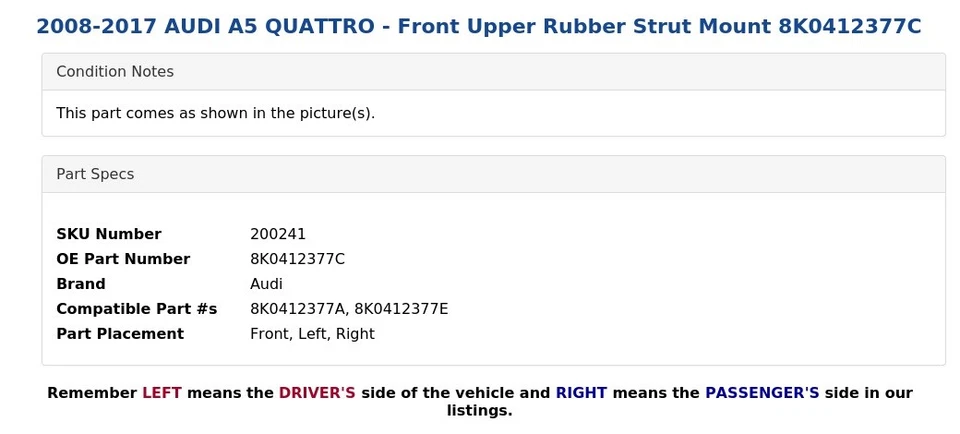 2008-2017 AUDI A5 QUATTRO - Front Upper Rubber Strut Mount 8K0412377C - Image 4 of 4